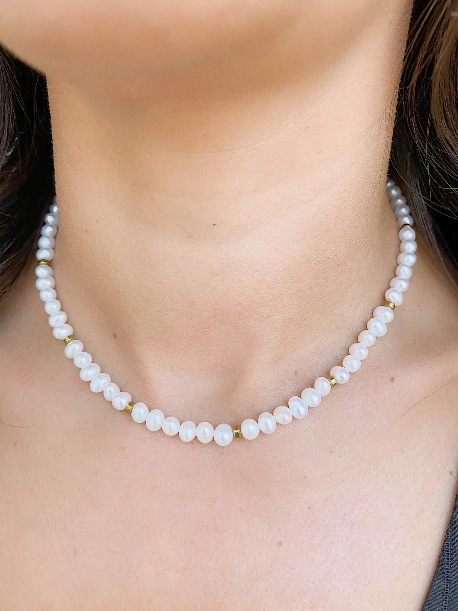 Mini Pearl with Gold Accent Necklace Choker with 14K Gold Filled Clasp and Extension P1037