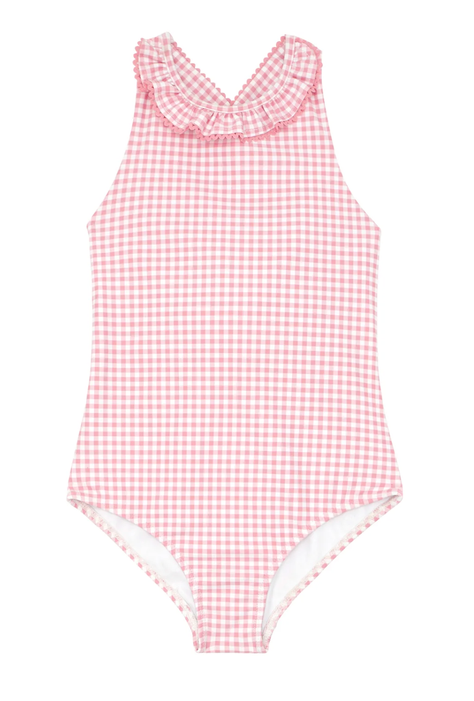 Minnow - Girls Pink Guava Gingham Ruffle Neck One Piece