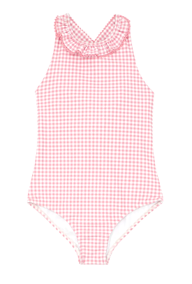 Minnow - Girls Pink Guava Gingham Ruffle Neck One Piece