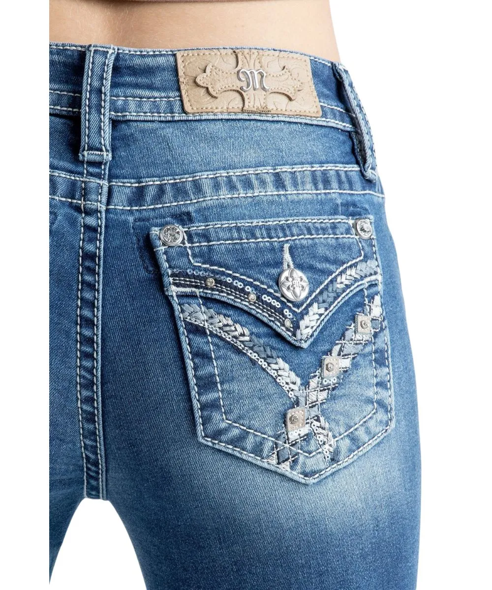 Miss Me Women's Geo Braid Cross Stitch Bootcut Jean