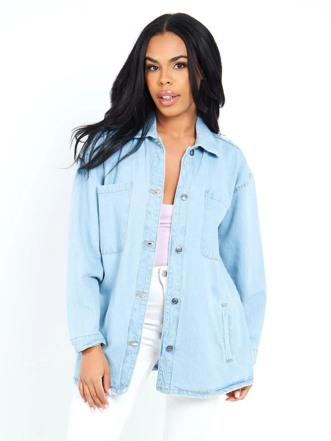 Oversized Denim Shacket Shirt Jacket, Bleach Wash, UK Sizes 8 to 16