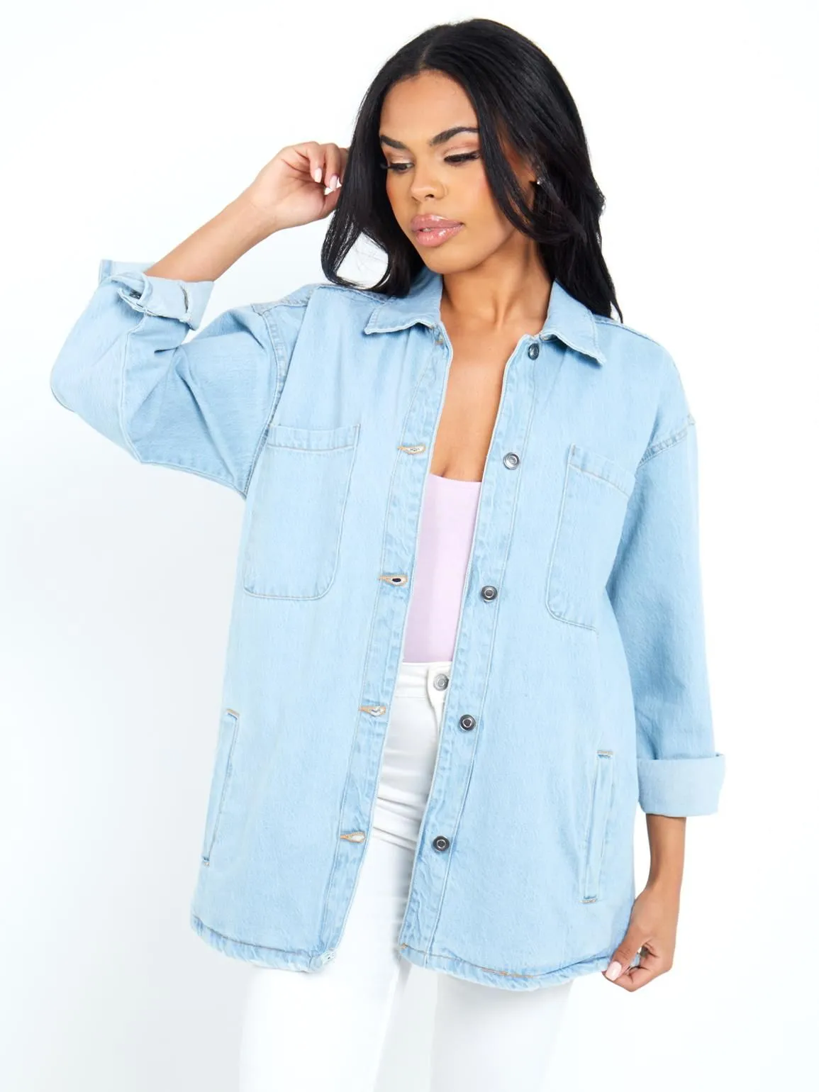 Oversized Denim Shacket Shirt Jacket, Bleach Wash, UK Sizes 8 to 16