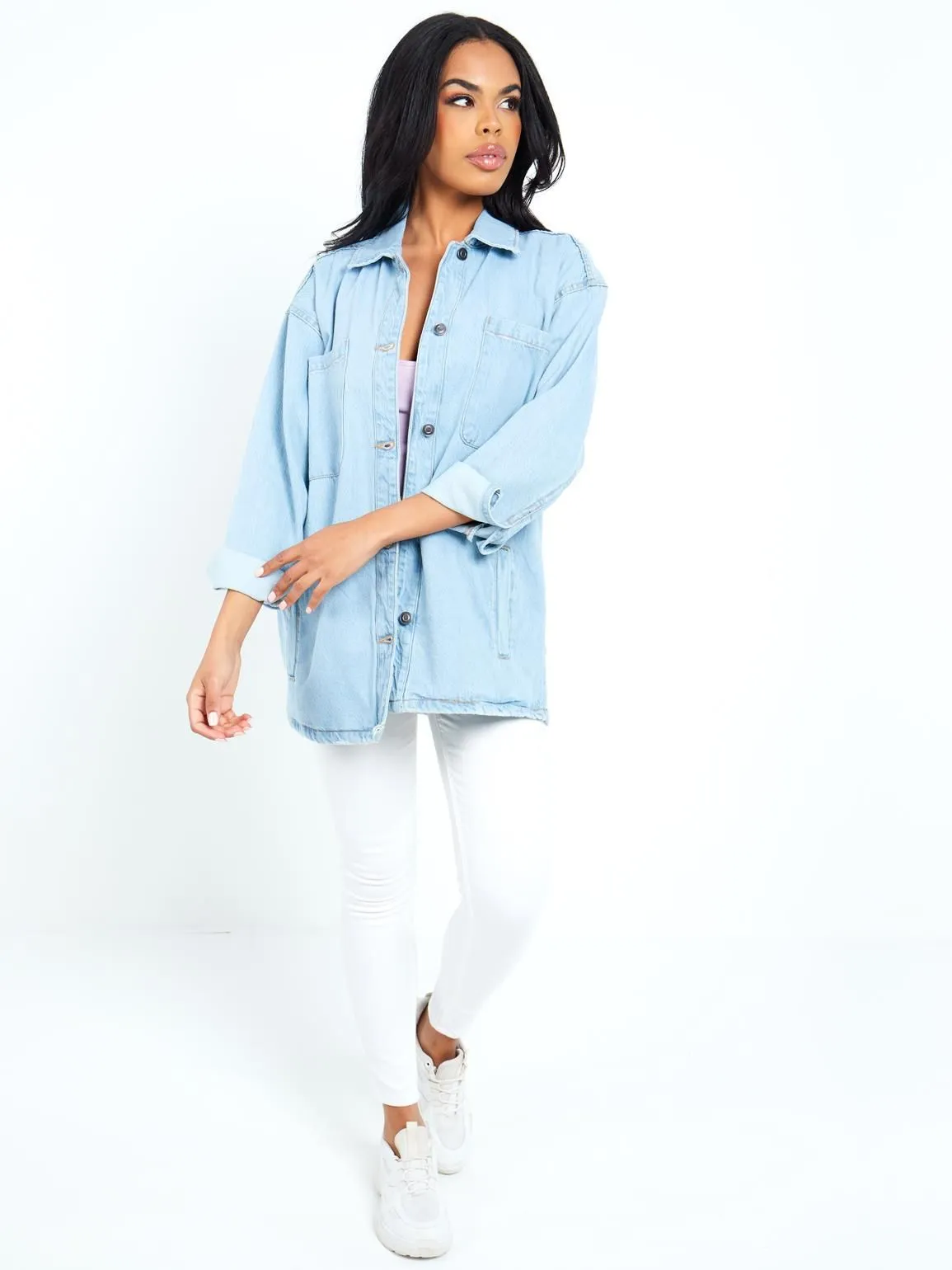 Oversized Denim Shacket Shirt Jacket, Bleach Wash, UK Sizes 8 to 16