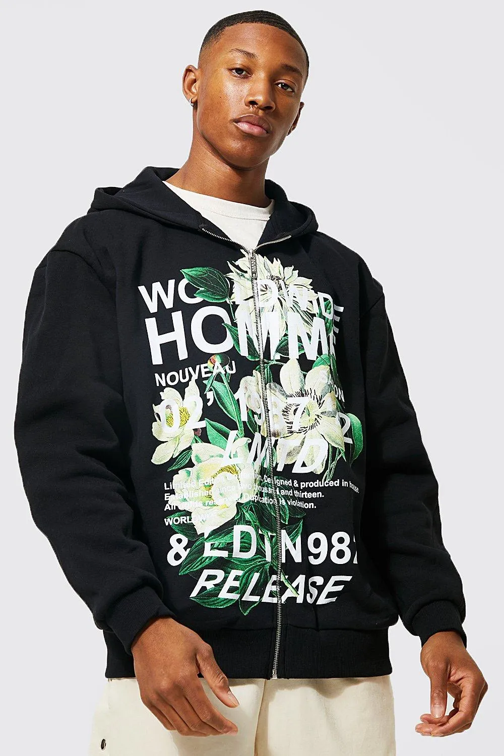 Oversized Floral Graphic Zip Through Hoodie | boohooMAN UK