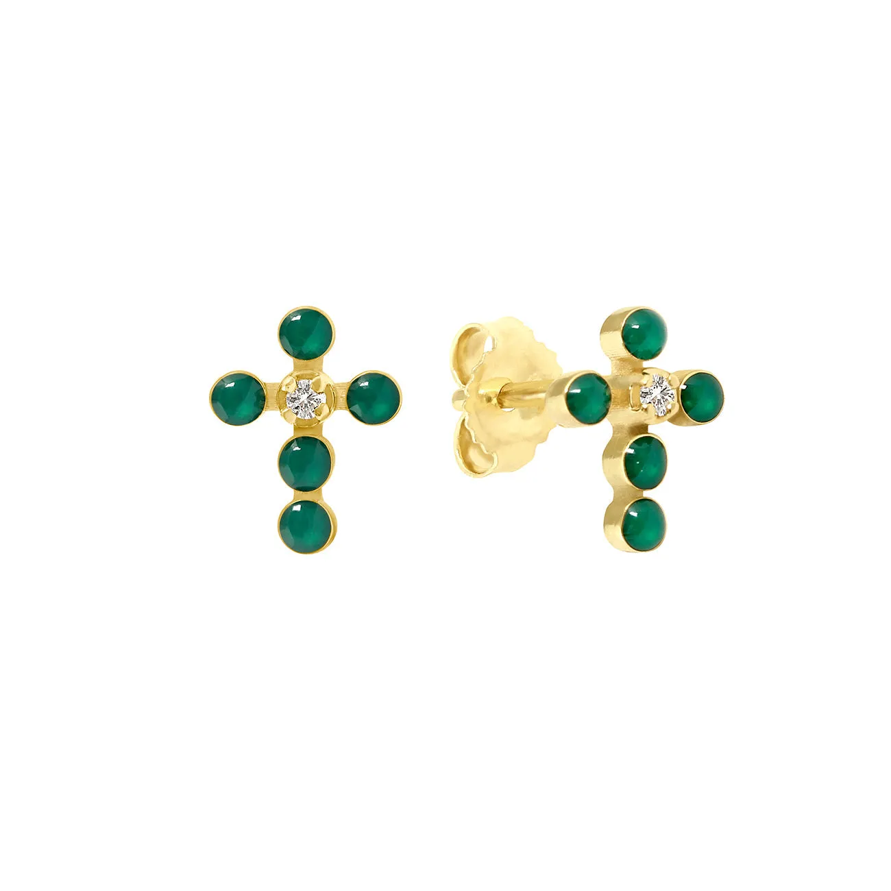 Pearled Cross Diamond Earrings, Emerald, Yellow Gold