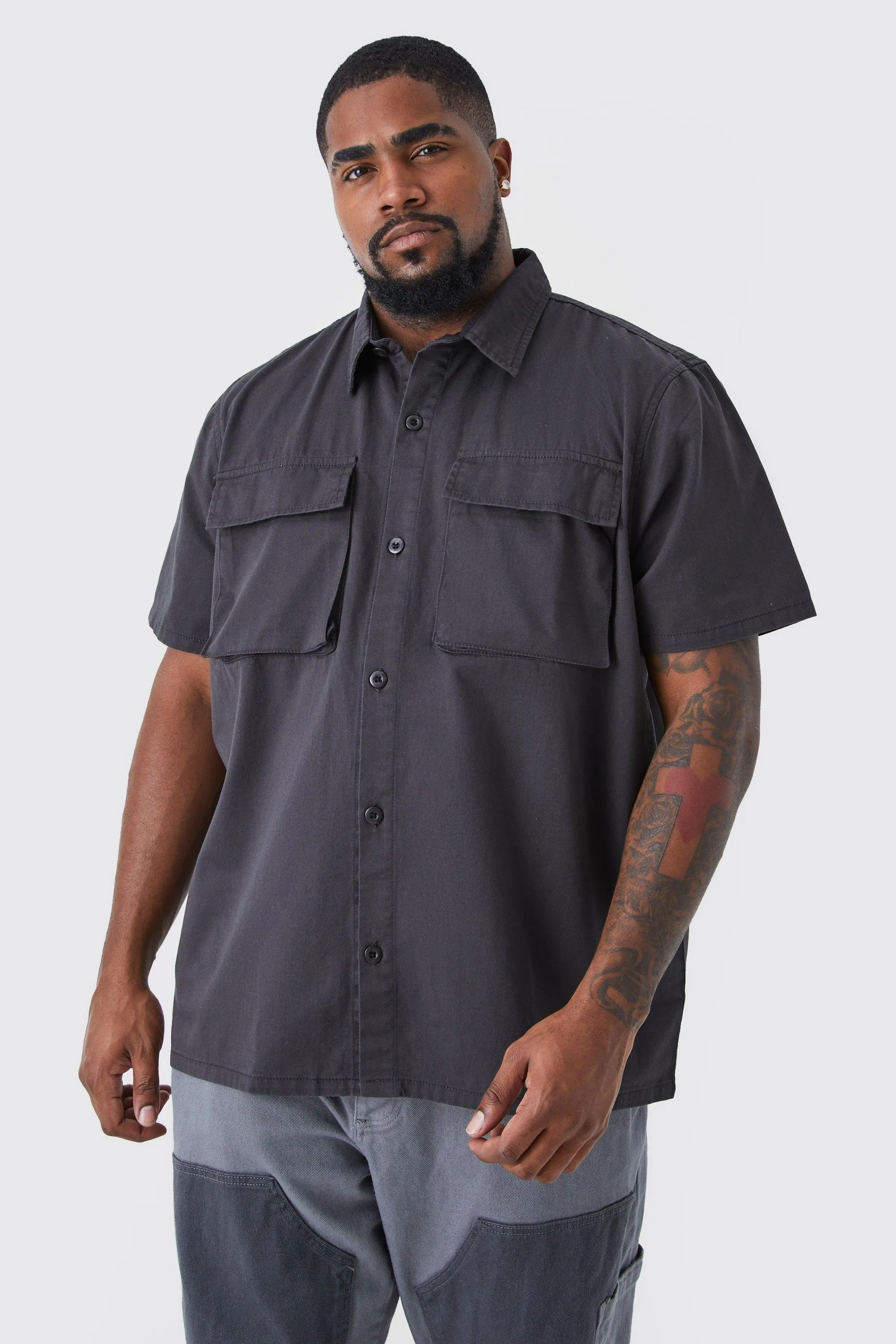 Plus Short Sleeve Twill Utility Shirt Jacket