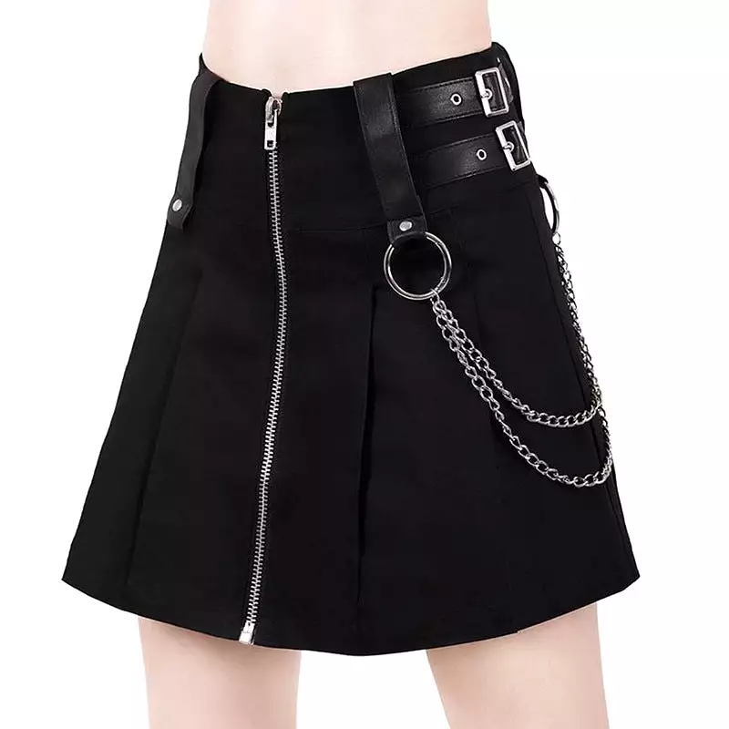 PUNK DARK METAL CHAIN PLEATED SKIRT BY61034