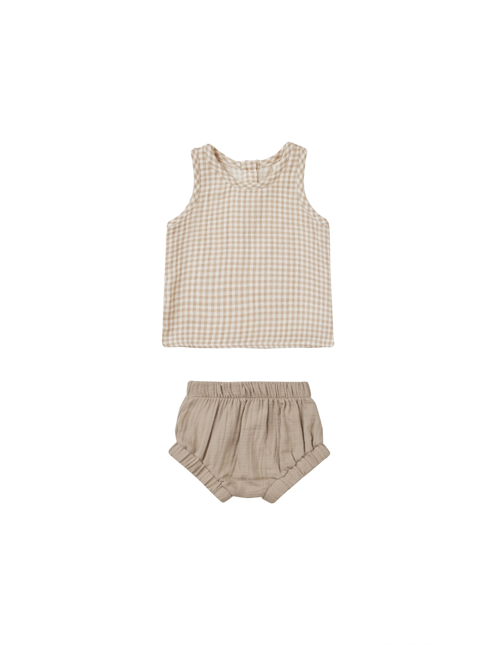 Quincy Mae - Oat Gingham Woven Tank Short Set