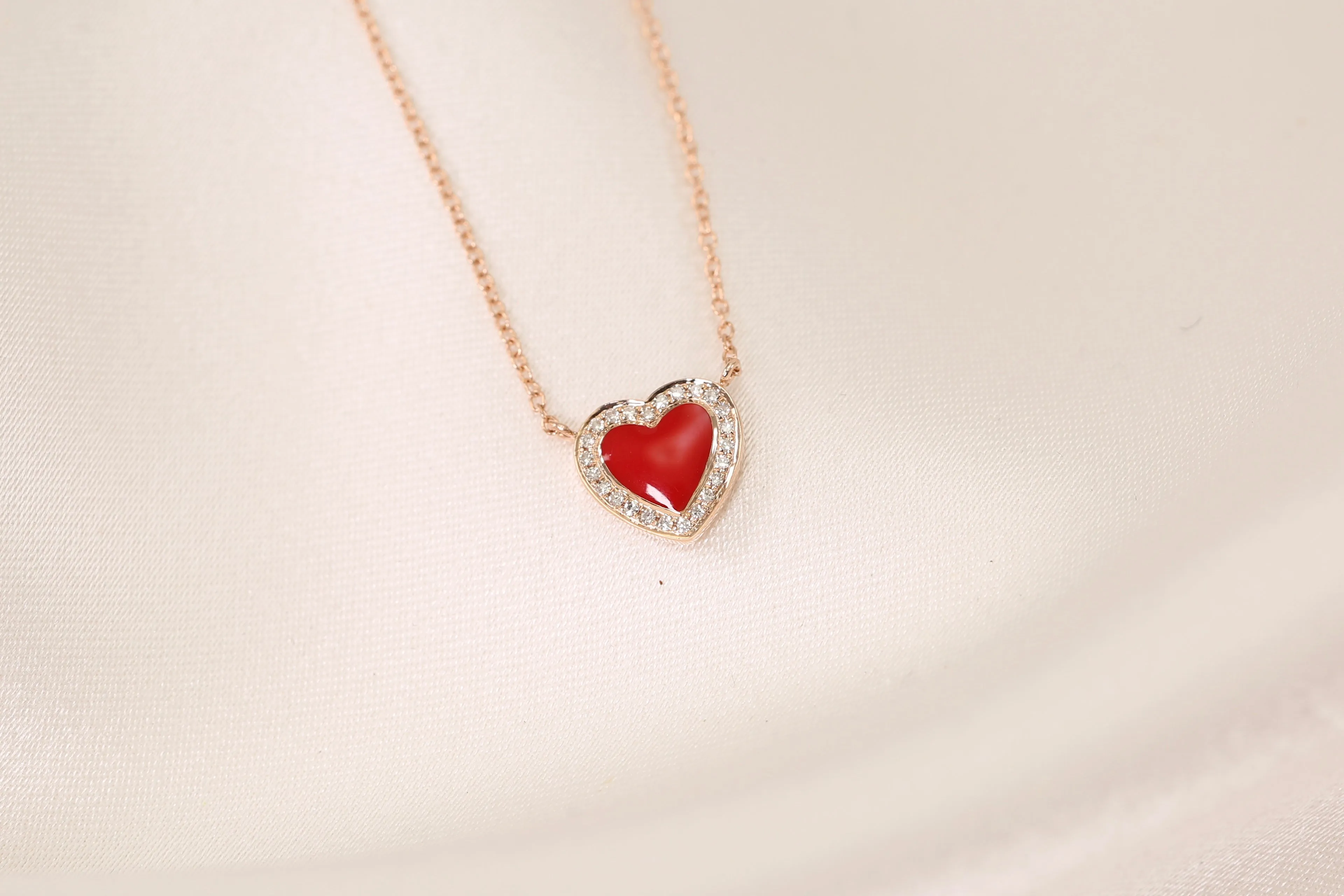 Red Enamel Heart Diamond Halo Necklace