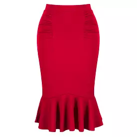 Red Peplum Fishtail Stretch Pencil Bodycon Skirt