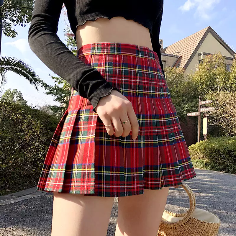 RETRO HIGH WAIST PLAID PLEATED SKIRT BY61104