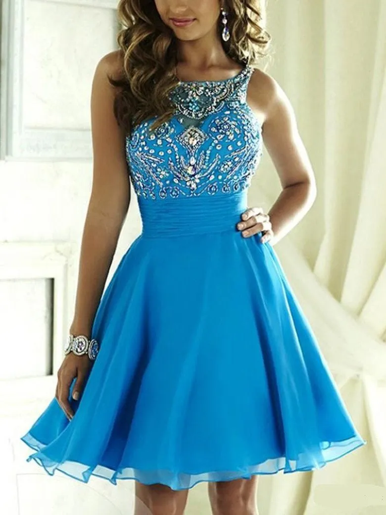 Rhinestones Bead Top Blue Chiffon A-line Short Homecoming Dress