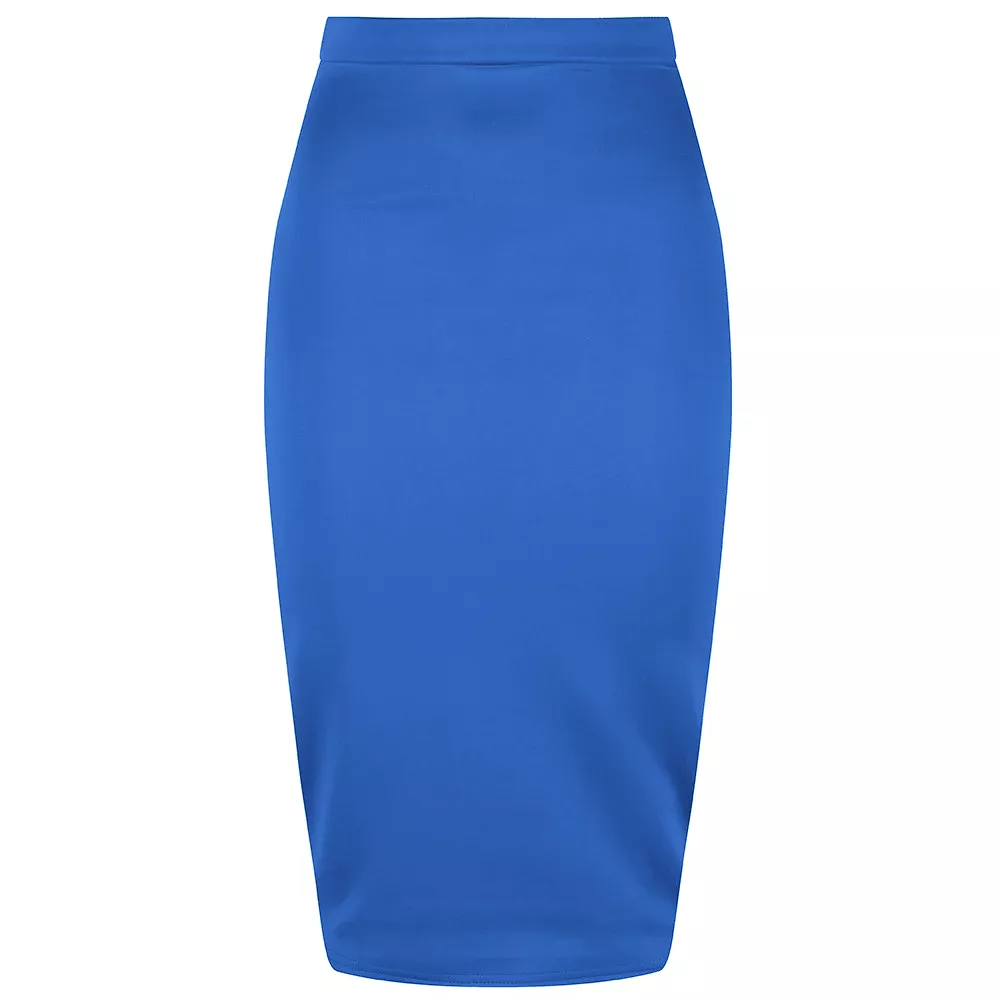 Royal Blue Stretch Pencil Bodycon Midi Work Office Skirt