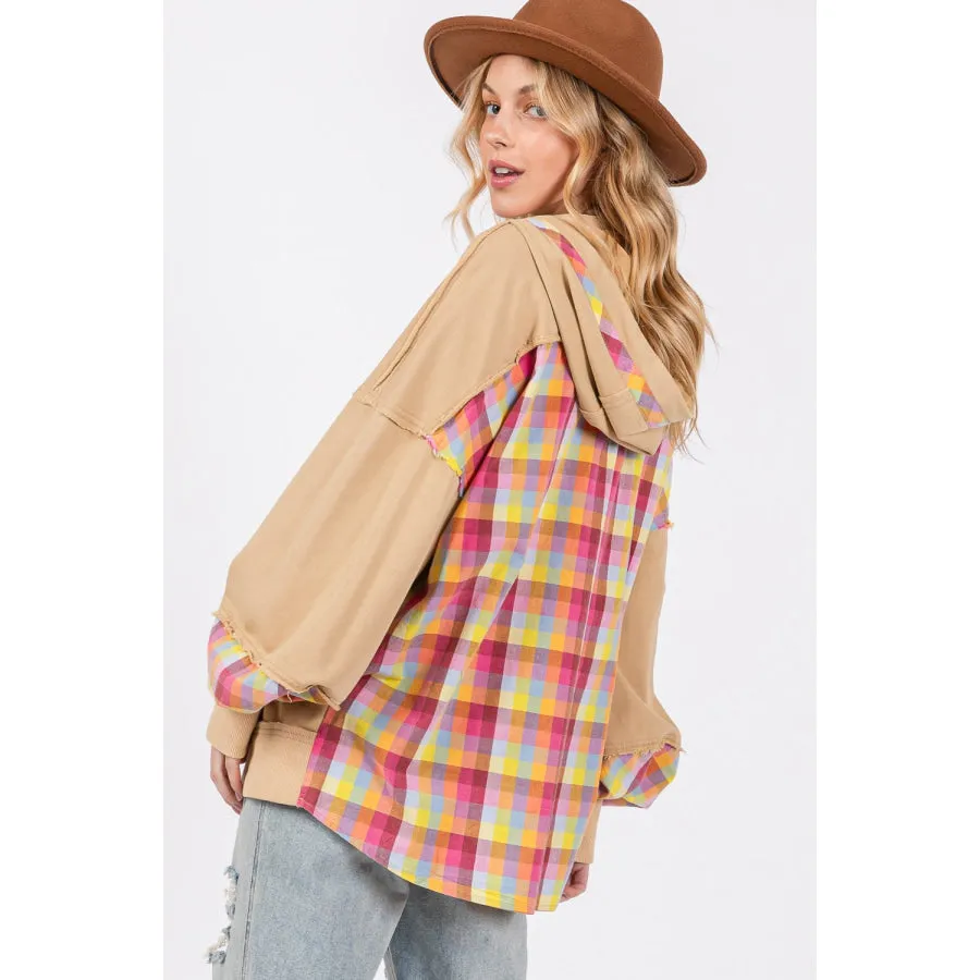 SAGE + FIG Full Size Plaid Print Washed Hoodie