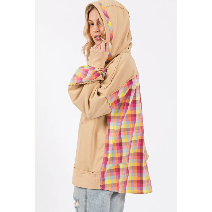 SAGE + FIG Full Size Plaid Print Washed Hoodie