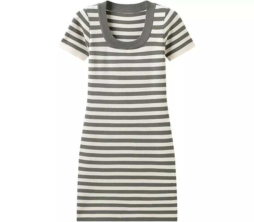 Short-Sleeve Square Neck Striped Midi A-Line Knit Dress kk18