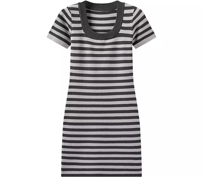 Short-Sleeve Square Neck Striped Midi A-Line Knit Dress kk18