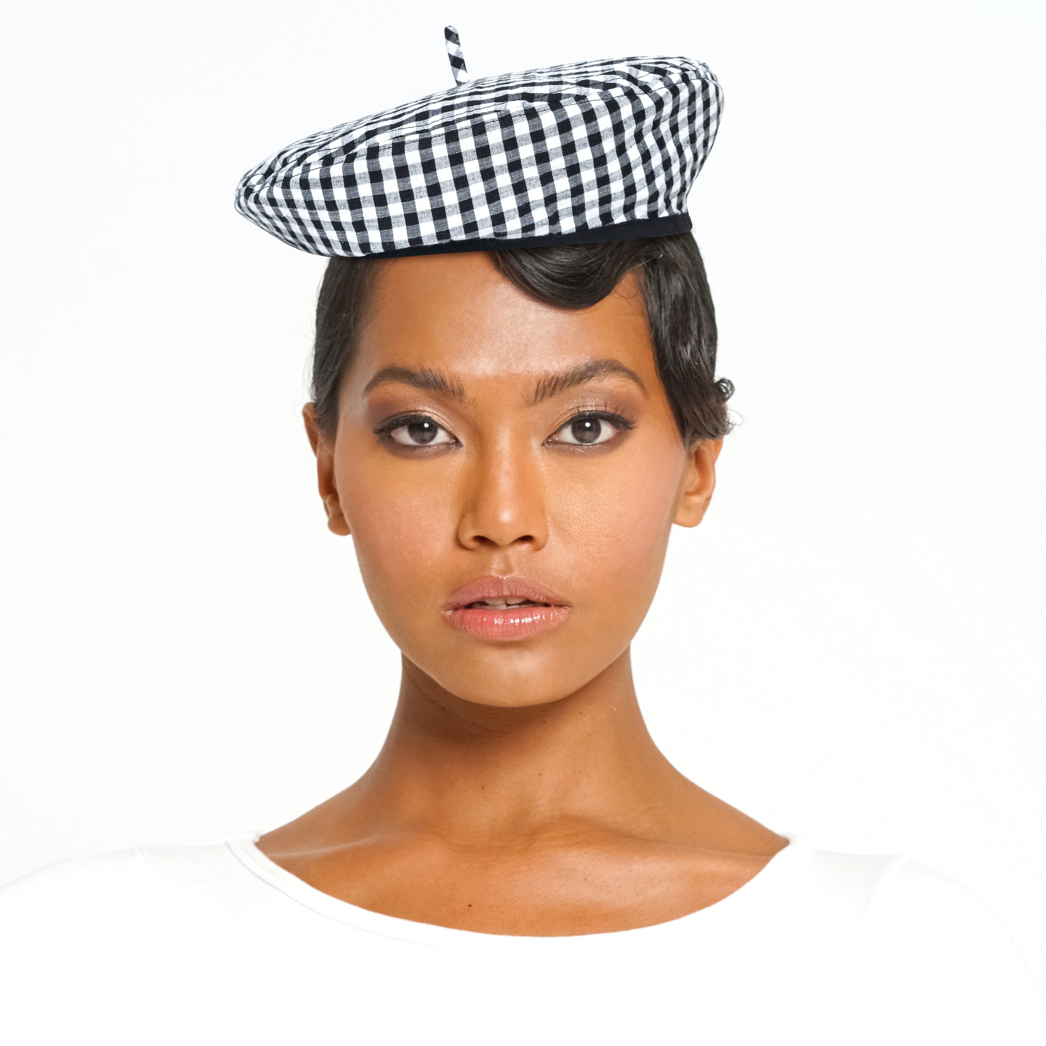 SIMONE Gingham Beret Hat, in Black