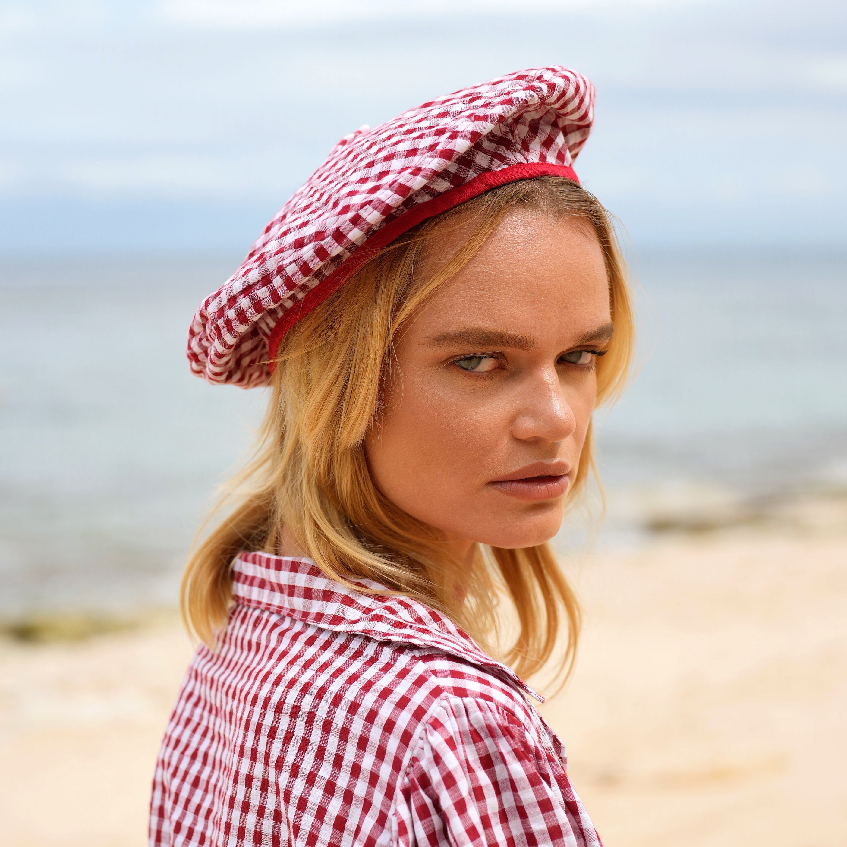 SIMONE Gingham Beret Hat, in Red