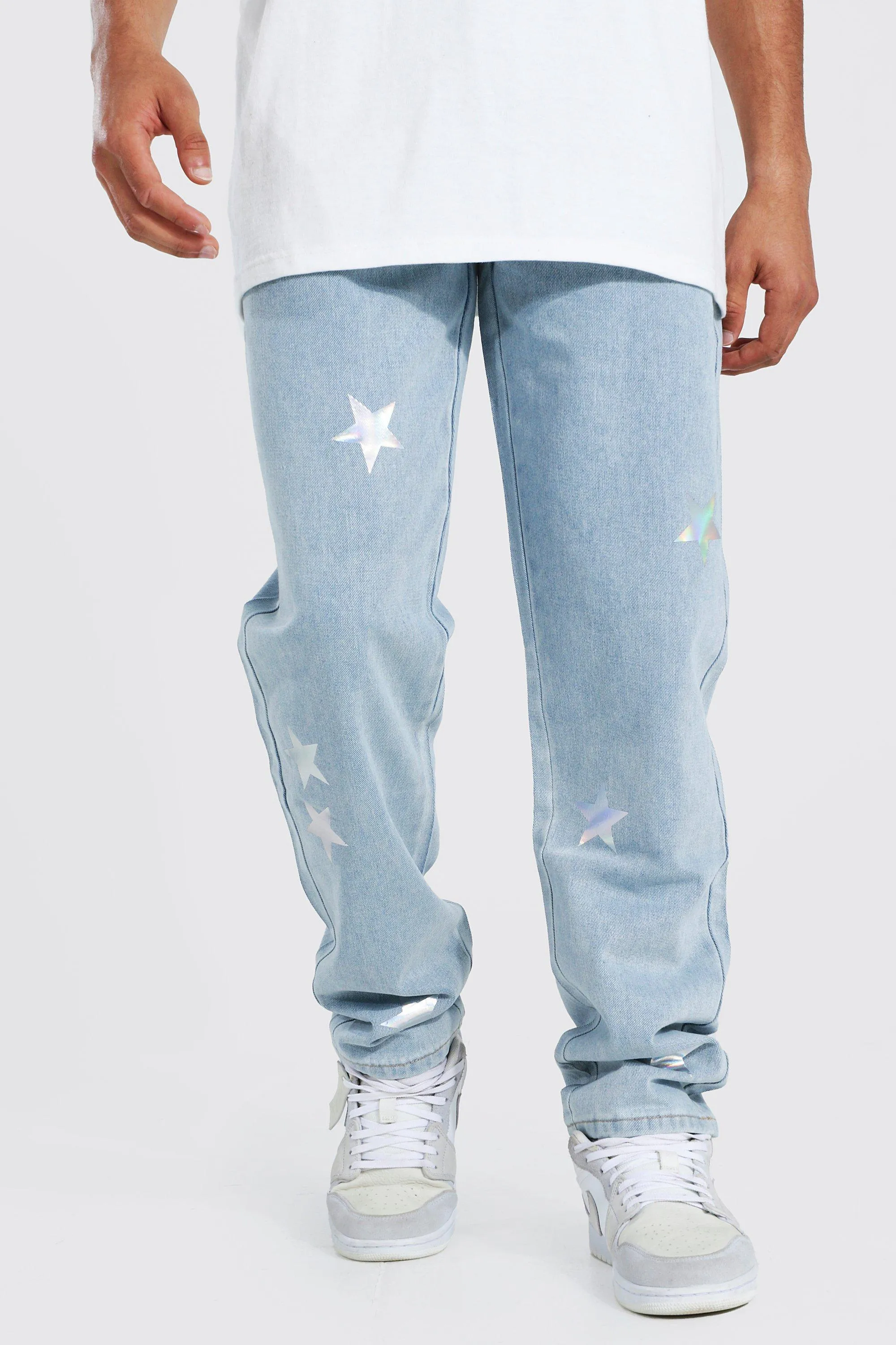 Slim Fit Rigid Holographic Star Jeans | boohooMAN UK