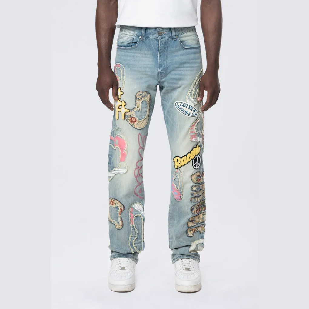 Straight Tapestry Applique Doodle Jeans - Seville Blue