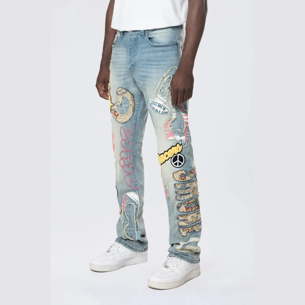 Straight Tapestry Applique Doodle Jeans - Seville Blue