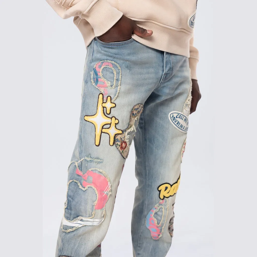 Straight Tapestry Applique Doodle Jeans - Seville Blue