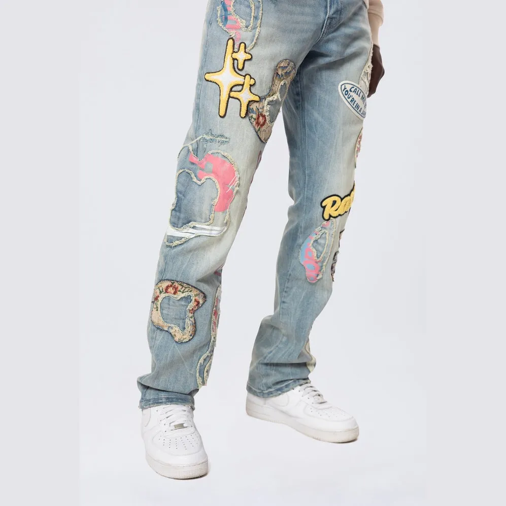 Straight Tapestry Applique Doodle Jeans - Seville Blue