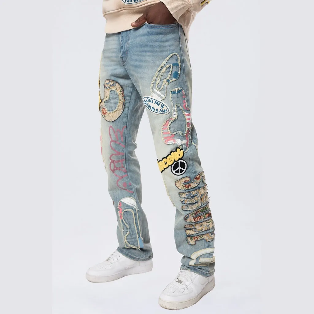 Straight Tapestry Applique Doodle Jeans - Seville Blue