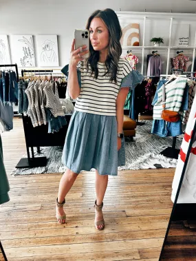 Stripes & Denim Pleated Skirt Dress