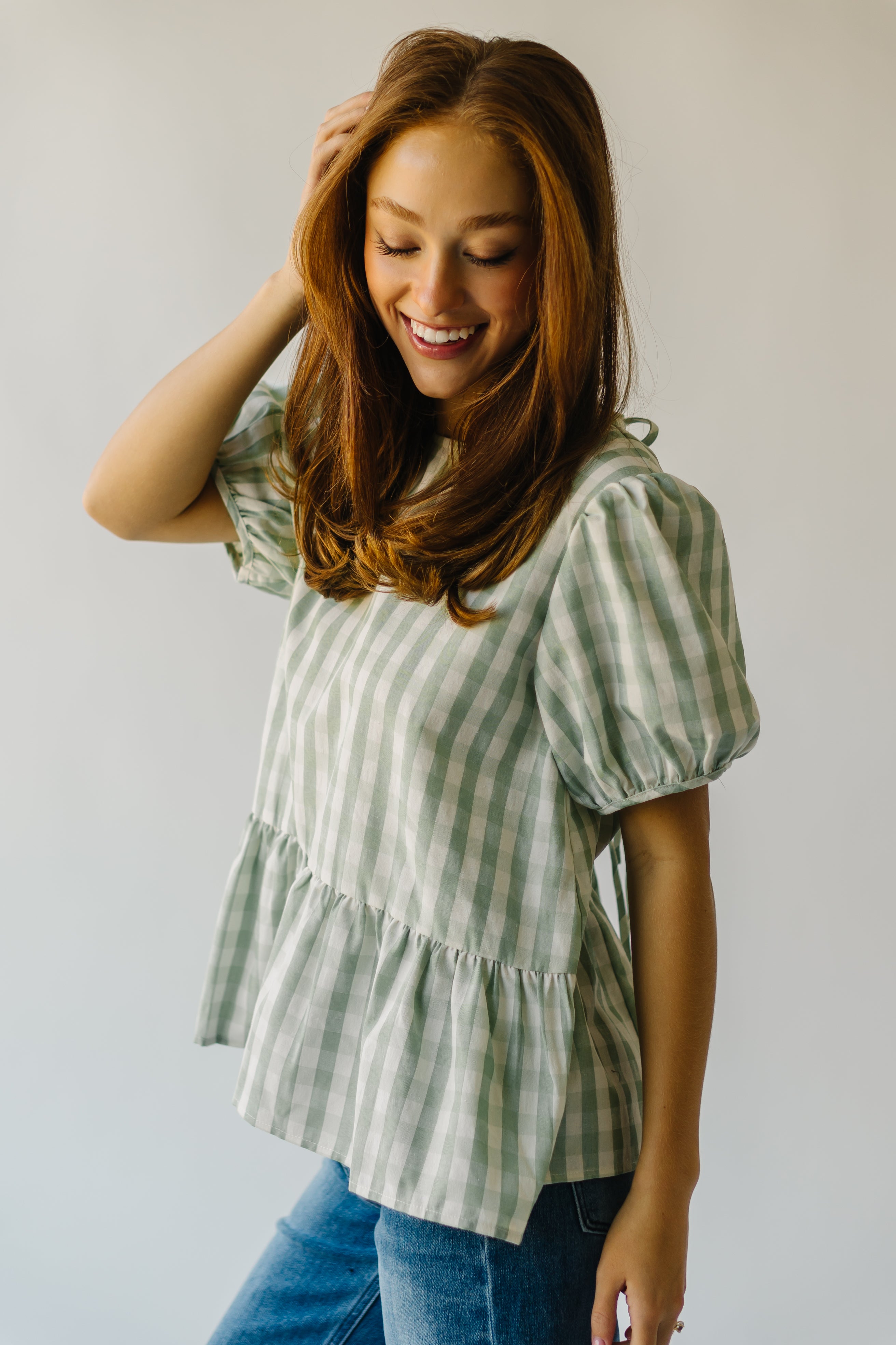 The Arcadia Gingham Puff Sleeve Blouse in Sage