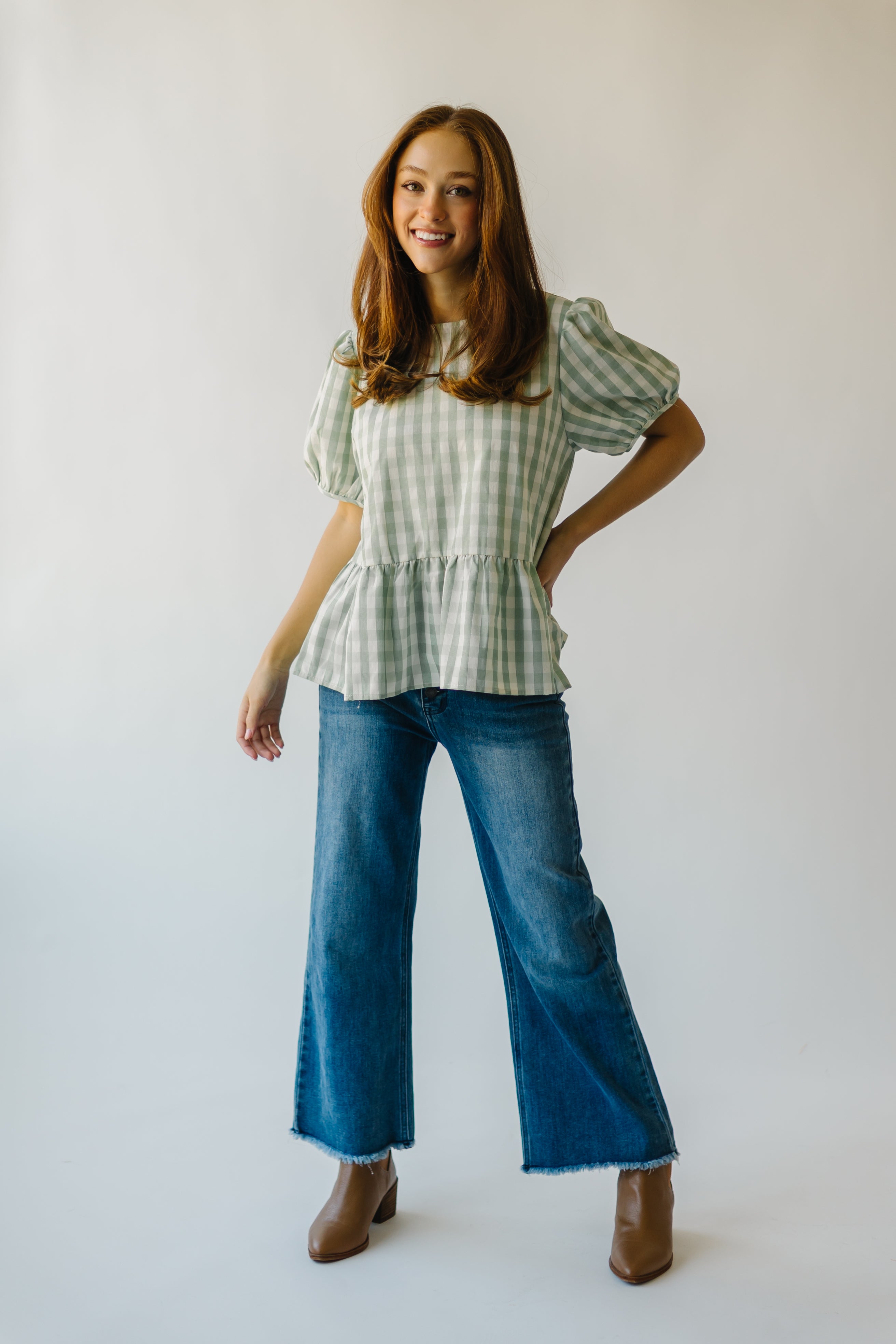 The Arcadia Gingham Puff Sleeve Blouse in Sage