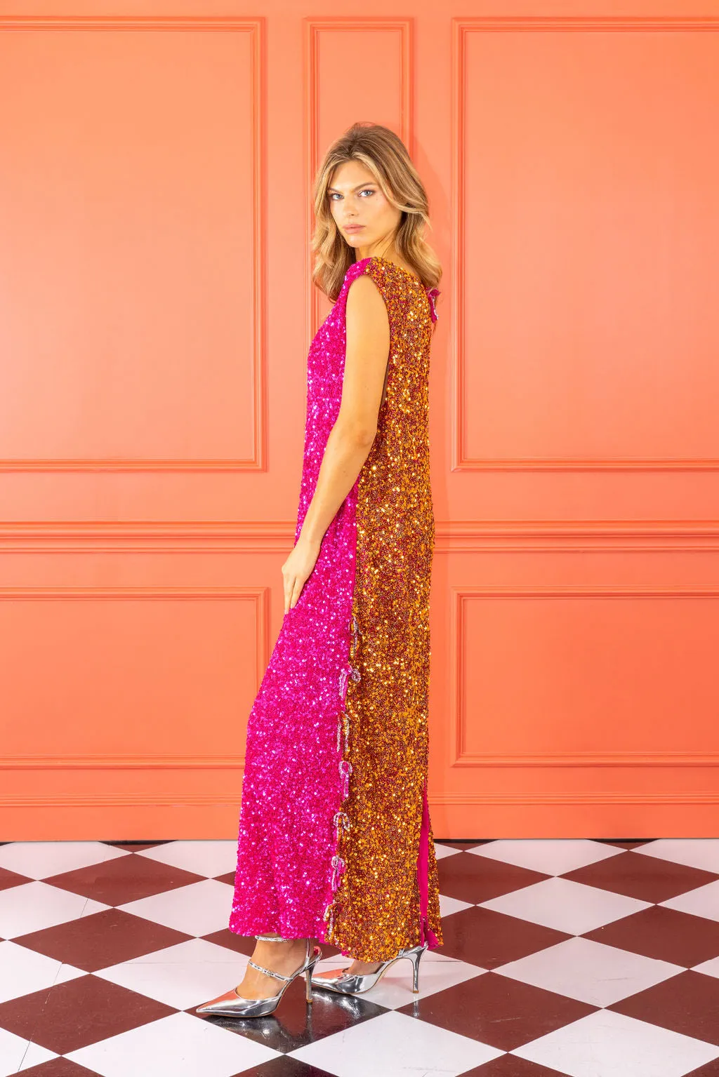 two-tone beaded sequin maxi a-line dress