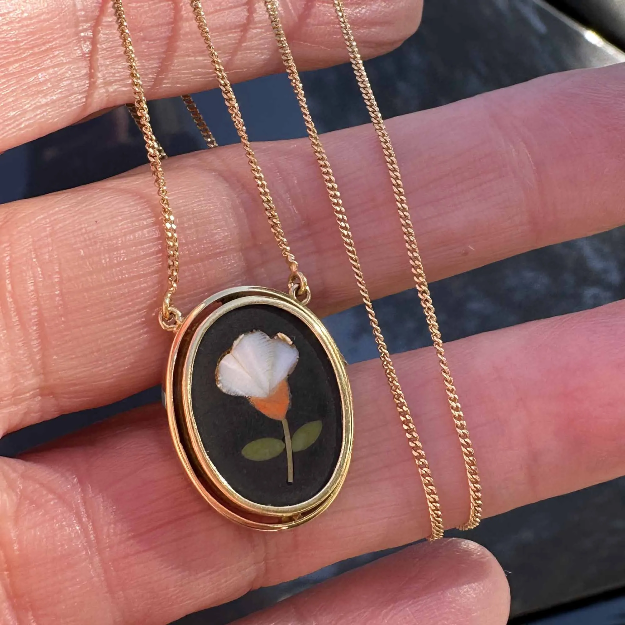 Vintage 18K Gold Pietra Dura Pendant Necklace