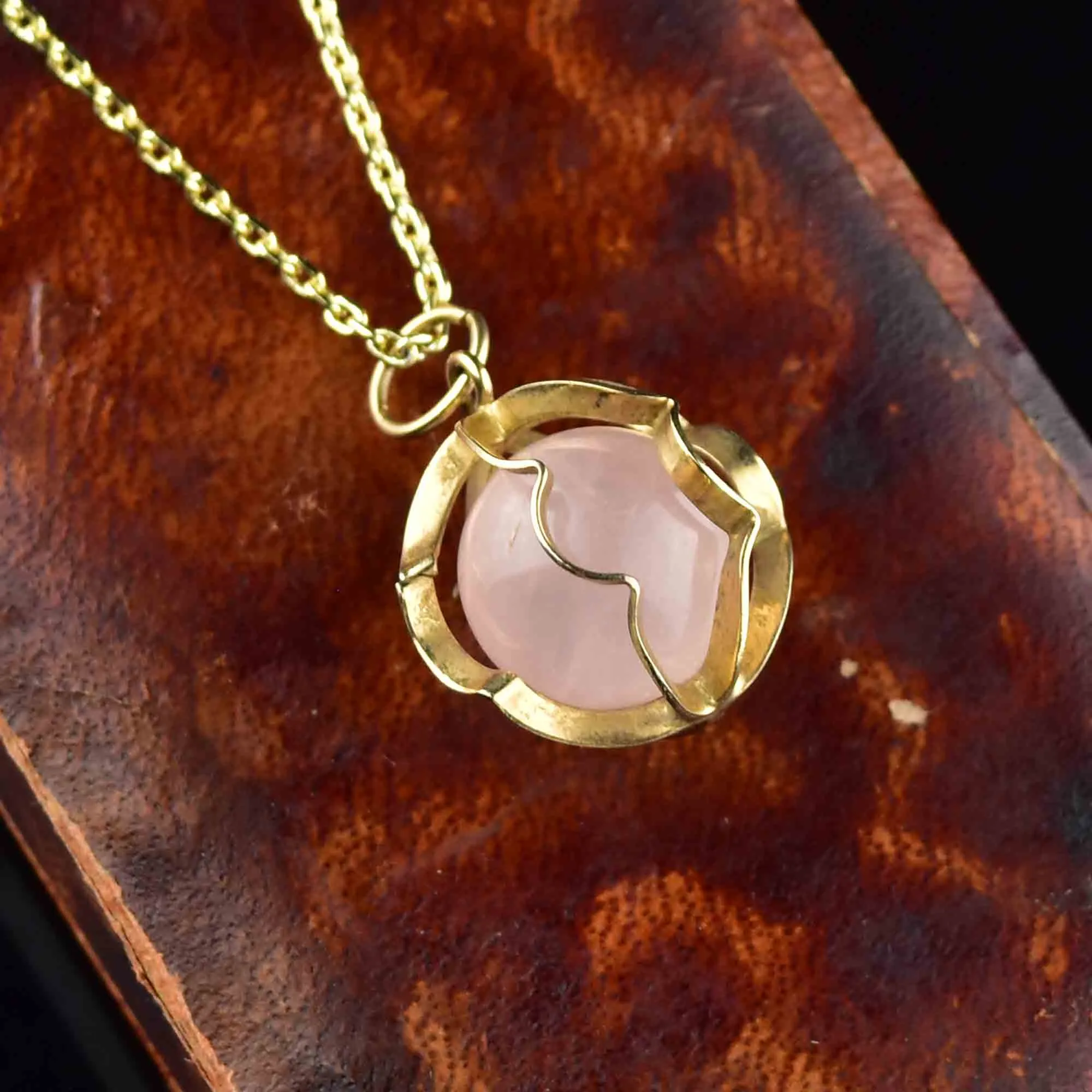 Vintage 9K Gold Rose Quartz Ball Pendant Necklace