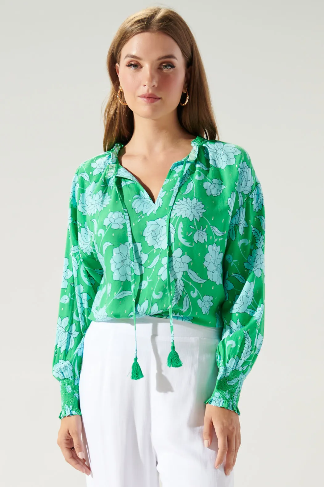 Waterlilly Floral Weylin Split Neck Tassel Blouse