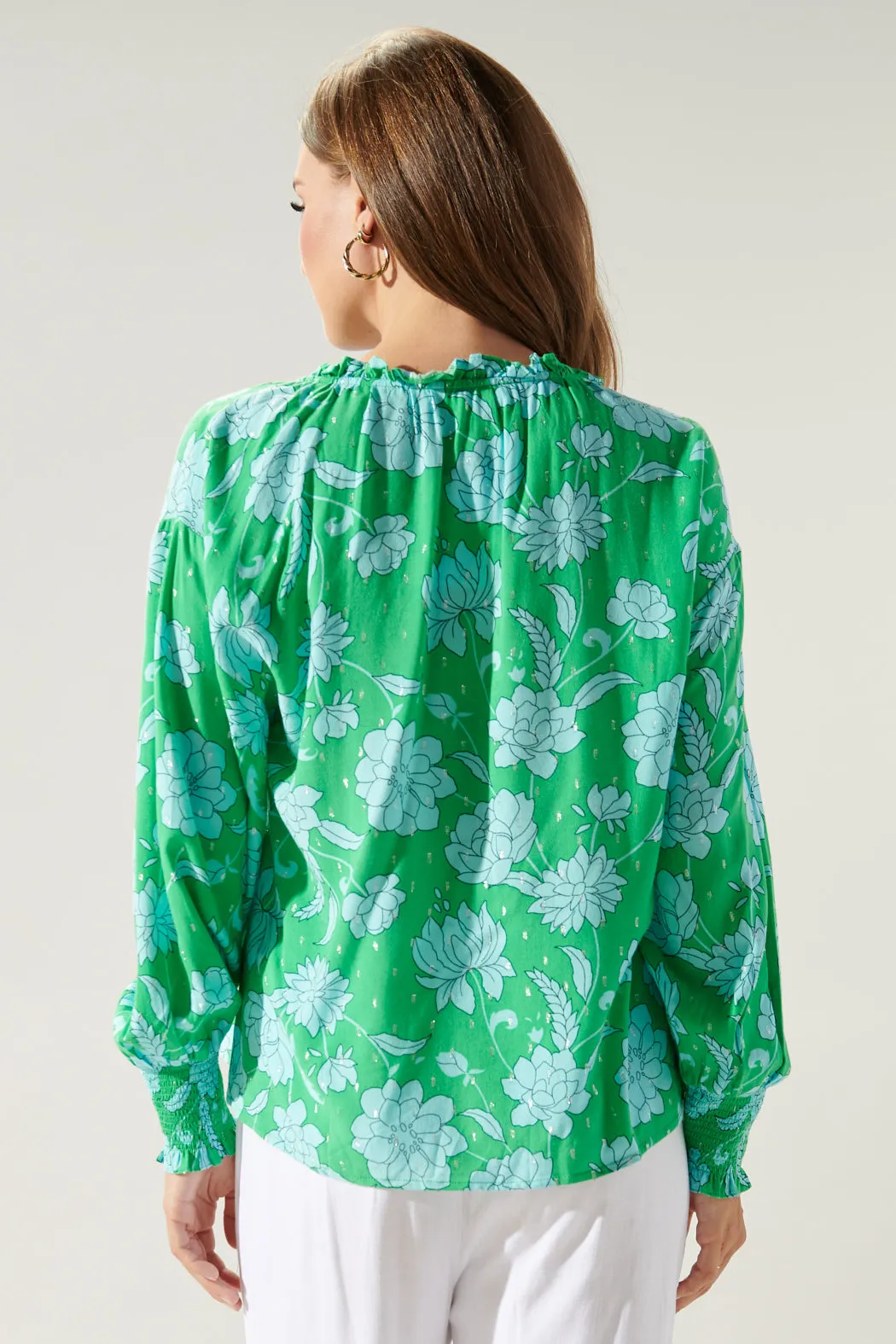 Waterlilly Floral Weylin Split Neck Tassel Blouse