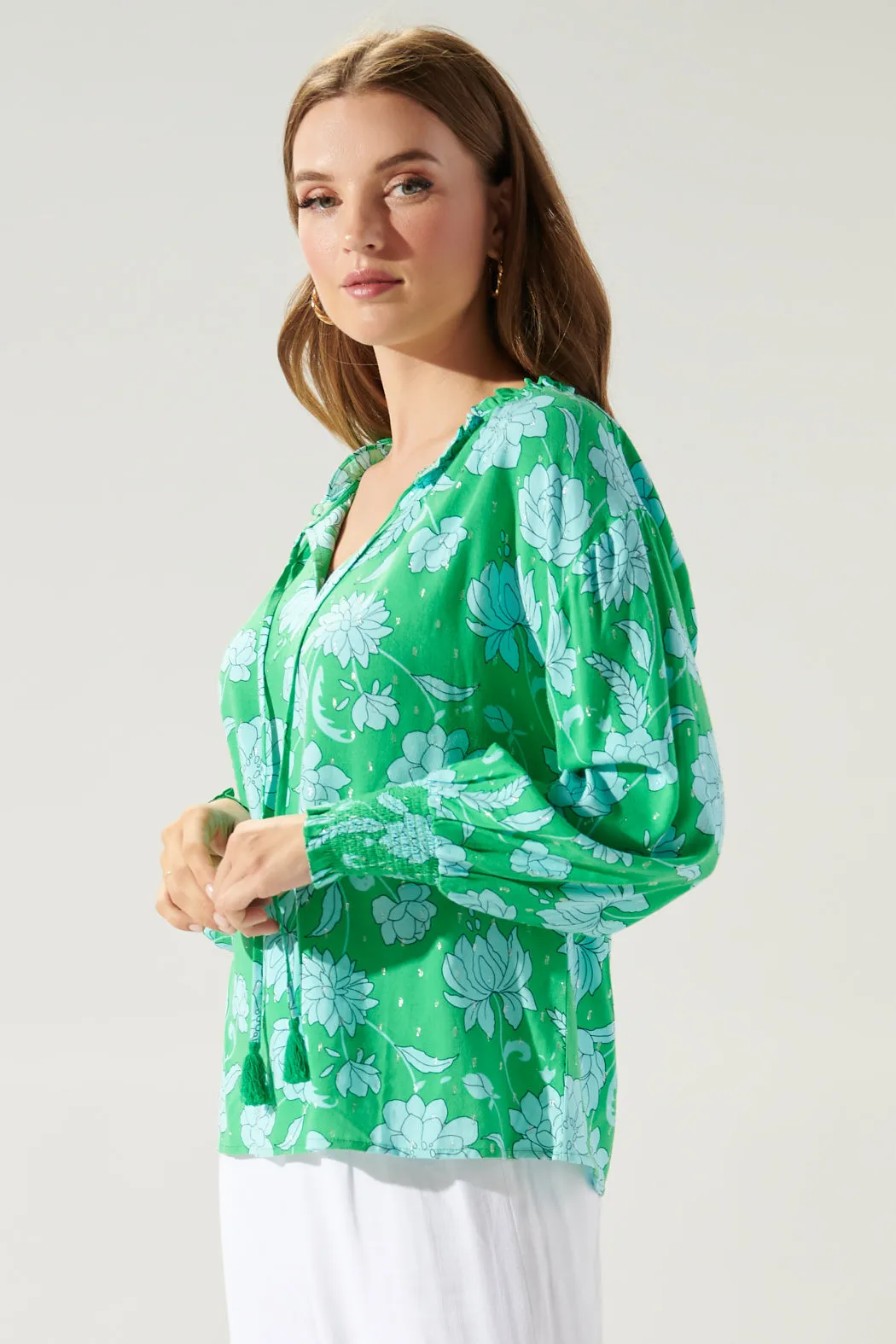 Waterlilly Floral Weylin Split Neck Tassel Blouse