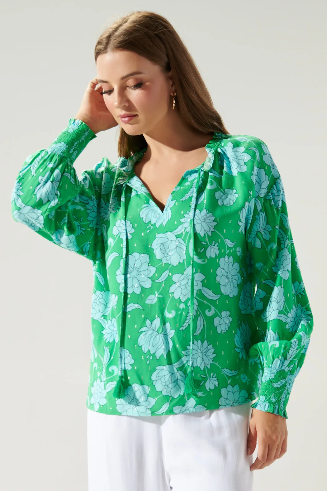 Waterlilly Floral Weylin Split Neck Tassel Blouse