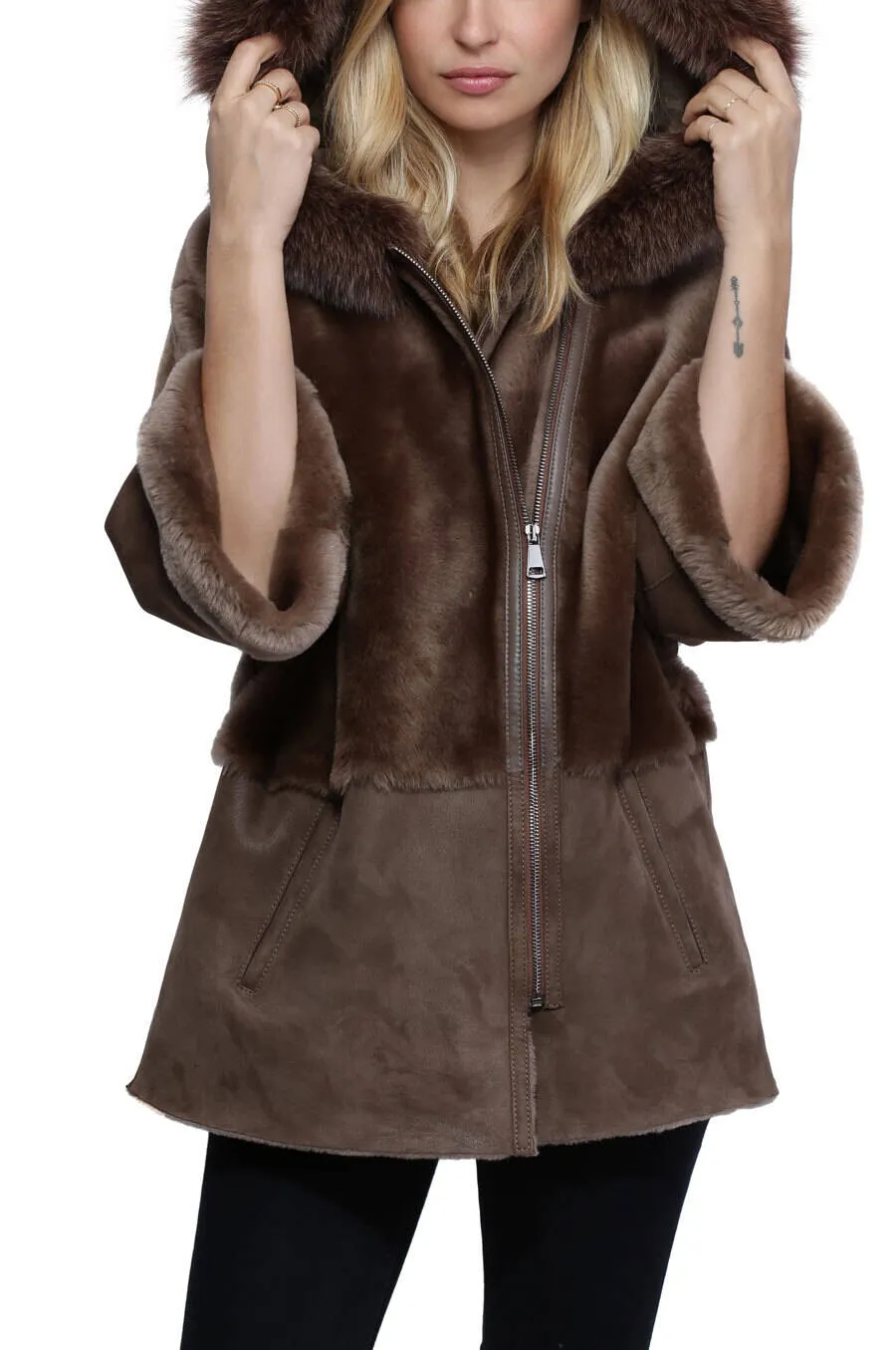 Woman's brown hooded sheep / fox jacket palermo