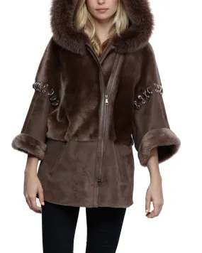 Woman's brown hooded sheep / fox jacket palermo