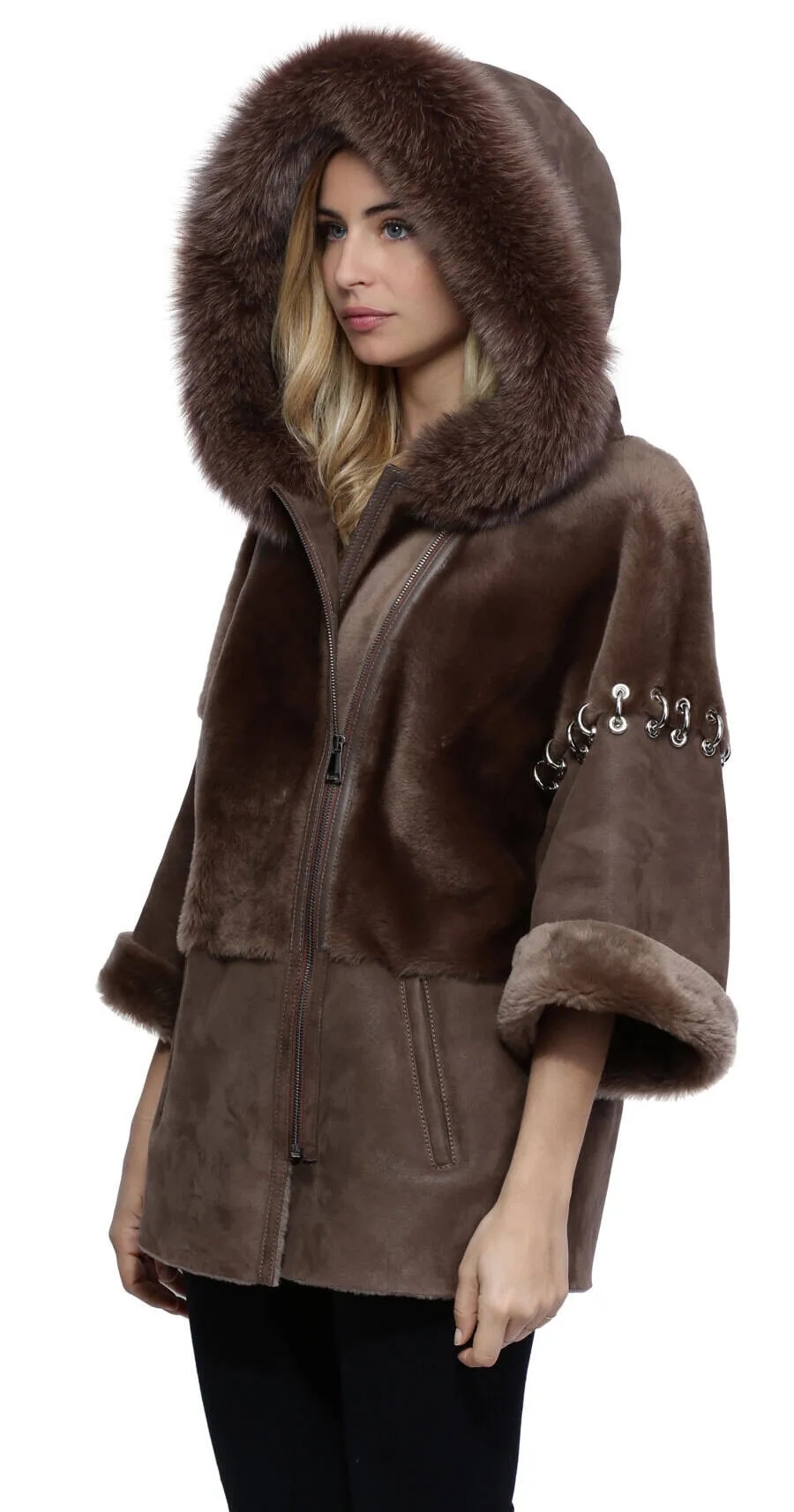 Woman's brown hooded sheep / fox jacket palermo