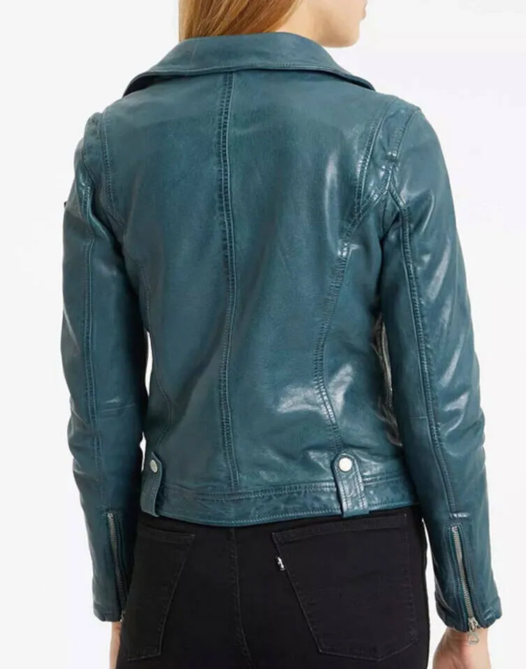 Women's green biker style leather jacket 14985