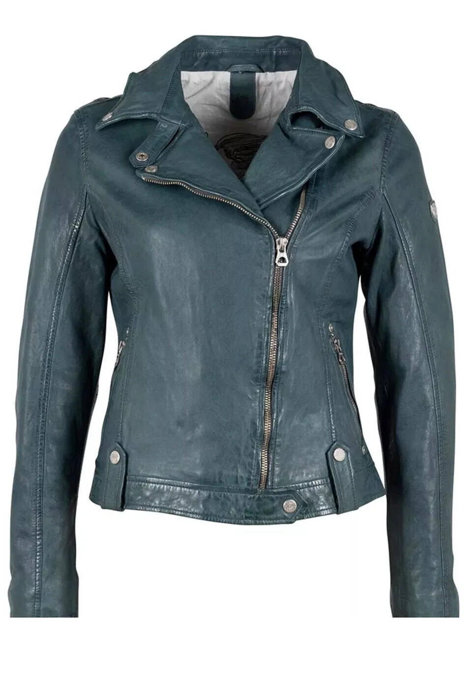 Women's green biker style leather jacket 14985