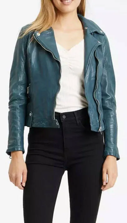 Women's green biker style leather jacket 14985