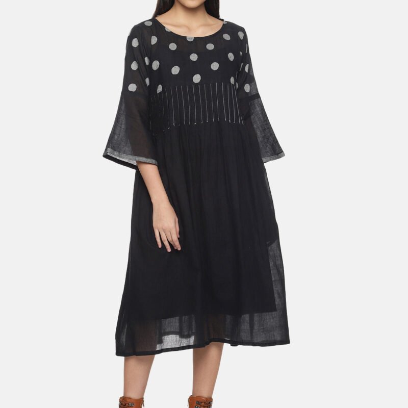 Black polkadot pintex Jamdani Dress