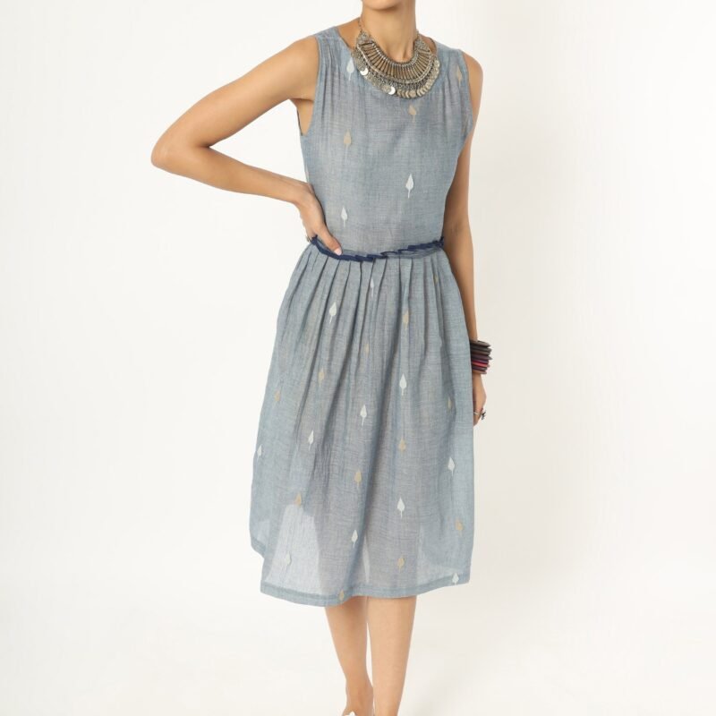 Light Grey Handloom Jamdani Pleated Dress