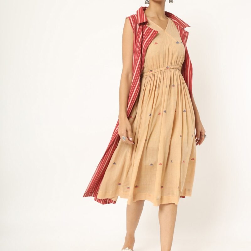 Muslin Cotton Jamdani Gathered Dress with Red Coat Shrug