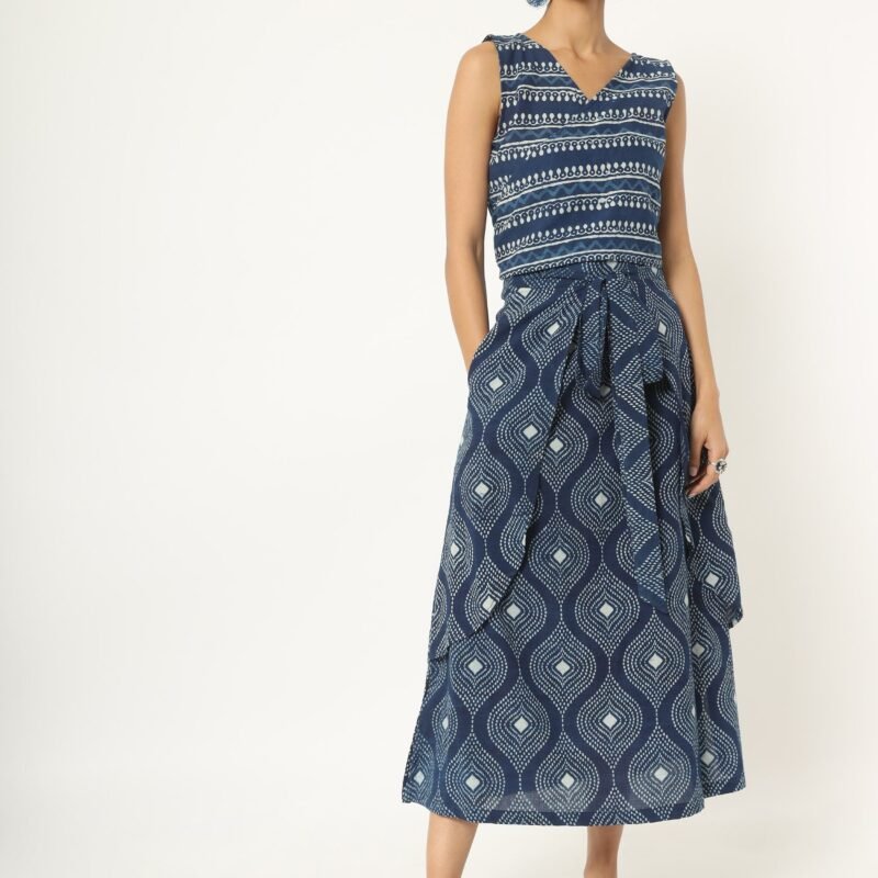 Indigo Blue Hand Block Prined Top-Skirt Set